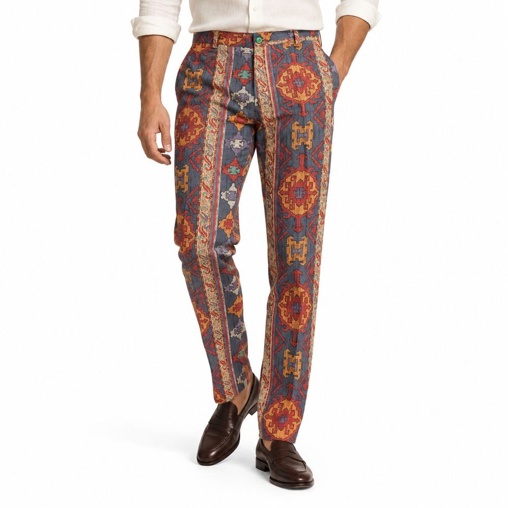 Mens 36 Blue Tribal Geometric Cotton Slim Fit Dress Pants Handmade Trousers NWT